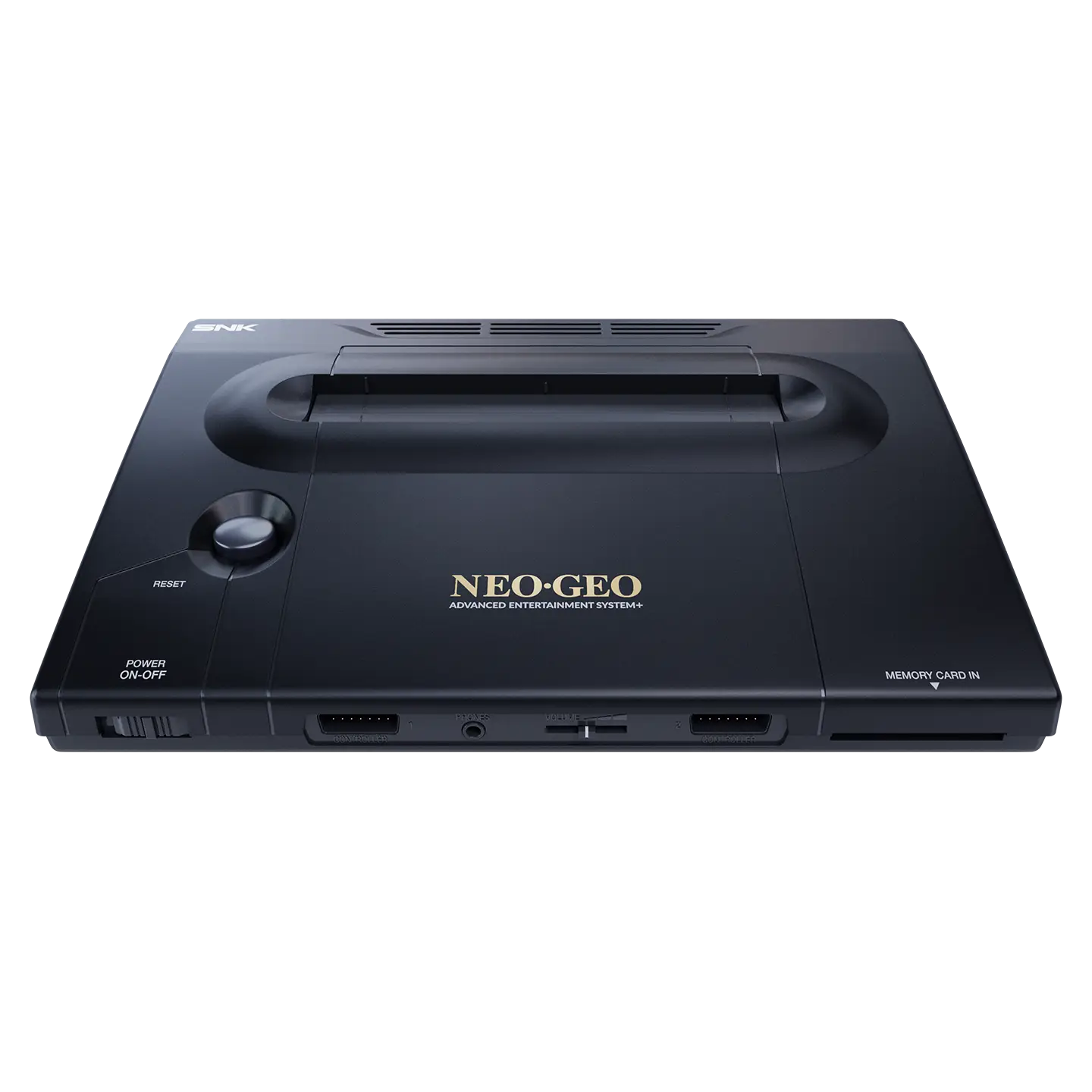 Frontansicht der Neo Geo AES+ vor schwarzem Hintergrund